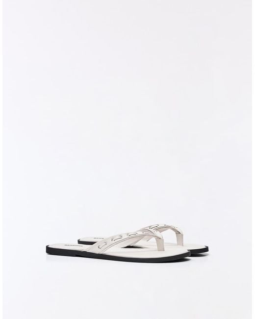 Bershka White Studded Flat Slider Sandals