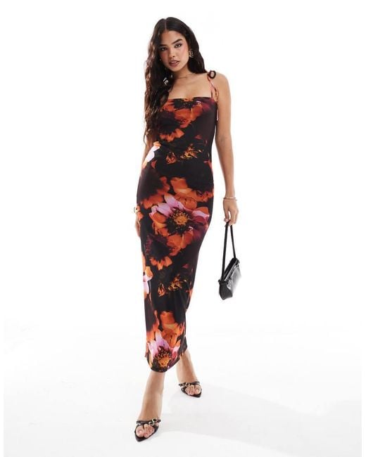 Miss Selfridge Red Mesh Floral Tie Shoulder Maxi Dress