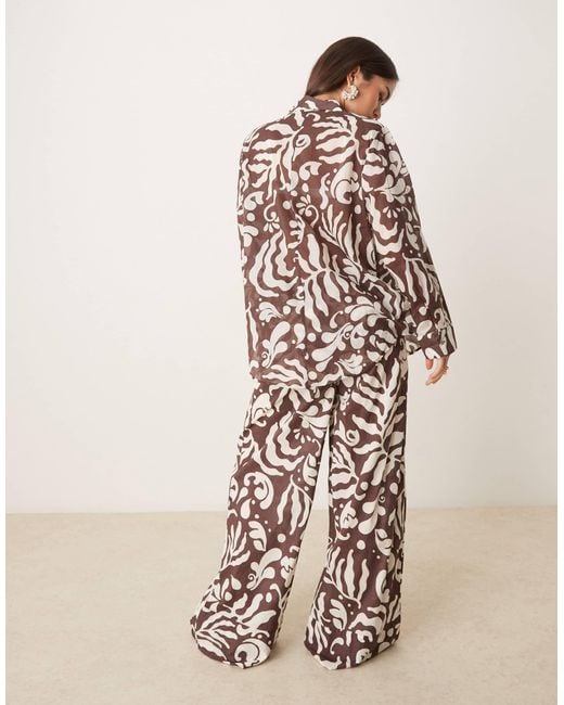 Mango Natural Abstract Botanical Print Tie Waist Wide Leg Trouser Co-Ord