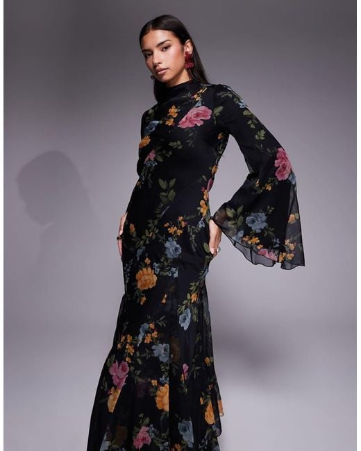 ASOS Black Long Sleeve Layered Godet Bias Cut Maxi Dress