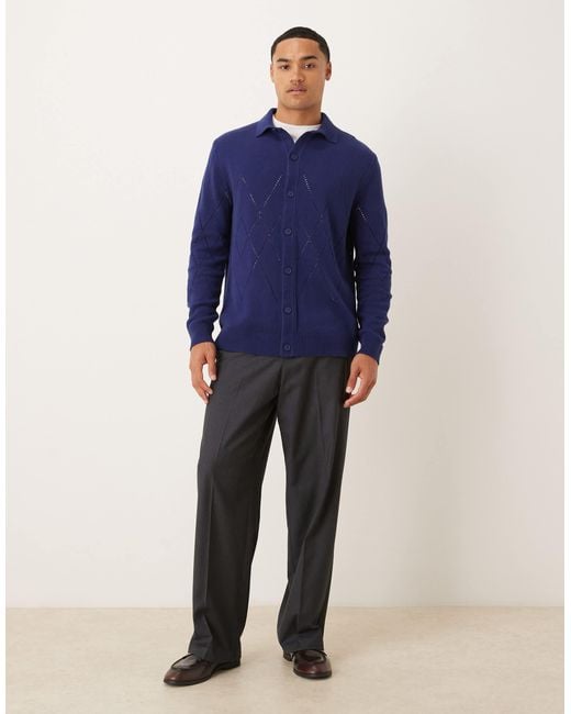 ASOS Blue Relaxed Knitted Pointelle Button Through Polo for men