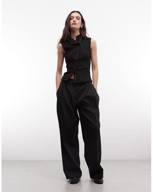 Weekday Black Asymmetric Button Down Mock Neck Top