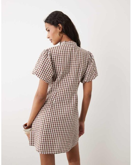 Wednesday's Girl Brown Tie Collar Detailed Puff Sleeve Button Mini Dress
