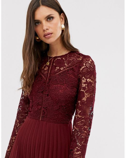 burgundy lace midi dress with sleeves