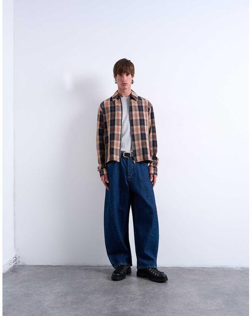 Topman Blue Regular Fit Textured Check Overshirt With Zip for men