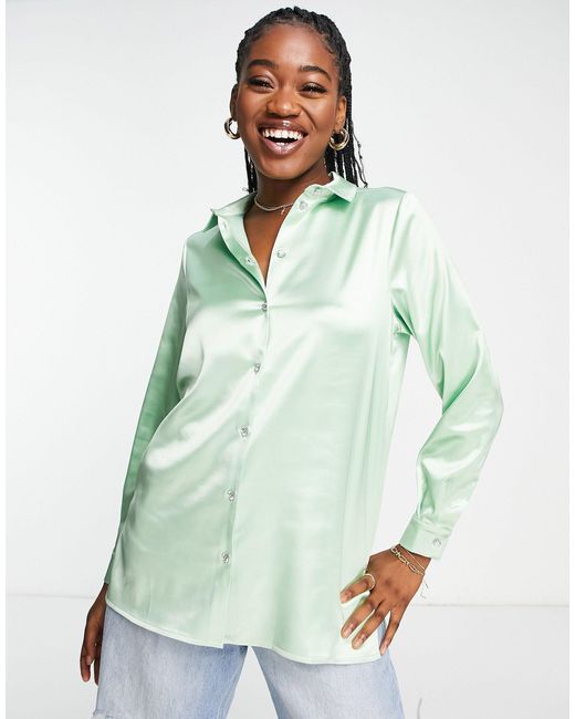 Miss Selfridge Oversized Satin Shirt With Diamante Buttons in White | Lyst