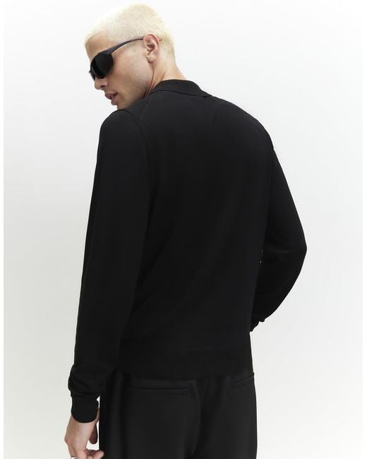River Island Black Slim Fit Long Sleeve Polo Shirt for men