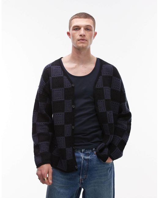 Topman Black Knitted Crochet Check Cardigan for men