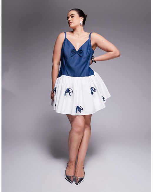 ASOS Women's Blue Curve Chambray Mini Dress With Bow Detail And Contrast  Poplin Skirt