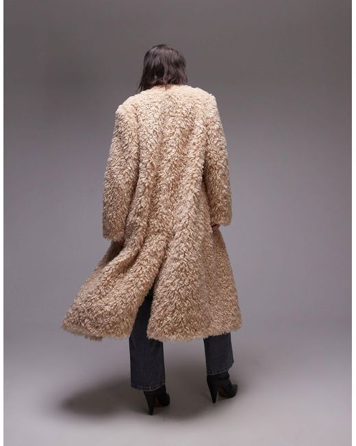 TOPSHOP Gray – kragenloser, langer mantel aus kunstpelz