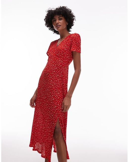 Mango Red V Neck Floral Print Midi Tea Dress