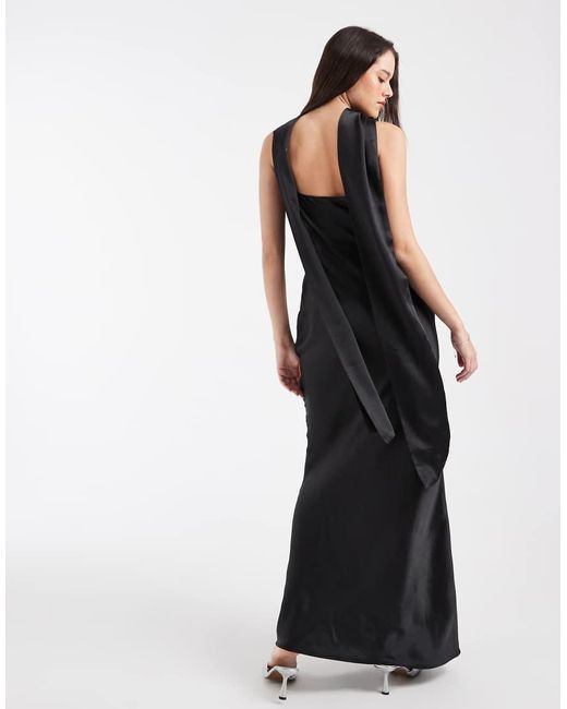 Pretty Lavish Black Bridesmaid Keisha Satin Cowl Neck Maxi Dress With Scarf