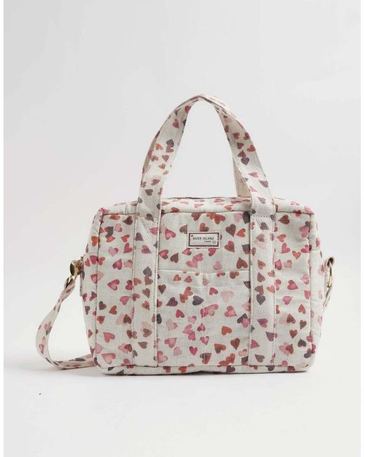 River Island Natural Canvas Heart Print Holdall Bag