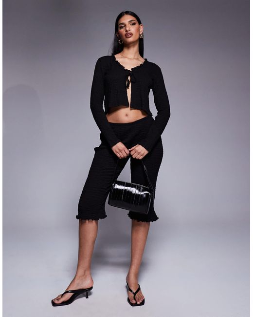 ASOS Black Texture Wide Neck Ruffle Edge Long Sleeve Tie Up Top