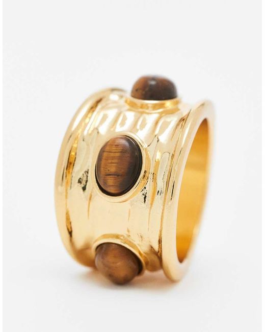 Anello Placcato 14 Carati Con Design Con Pietra Occhio Di Tigre Semipreziosa di ASOS in Metallic