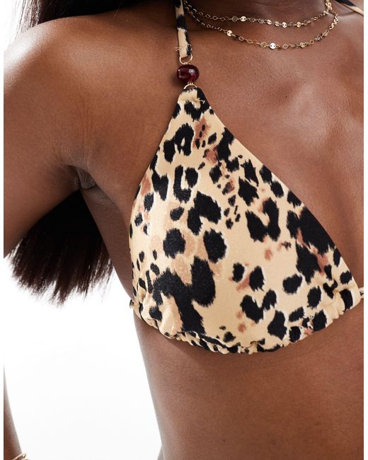 River Island Brown Animal Triangle Beaded Bikini Top