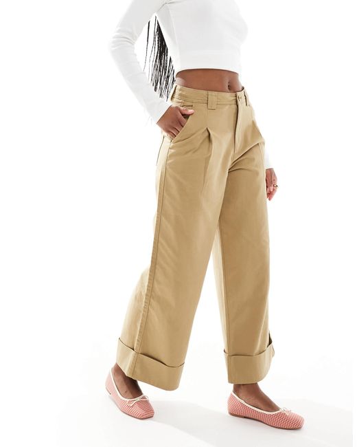 ASOS Natural Brushed Wide Leg Turn Up Ankle Grazer