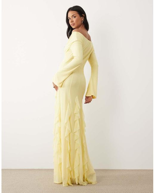 ASOS Natural Stretch Chiffon Off Shoulder Long Sleeve Maxi Dress With Godets