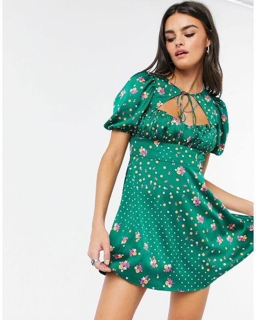 For Love & Lemons Green Cypress Satin Mini Dress