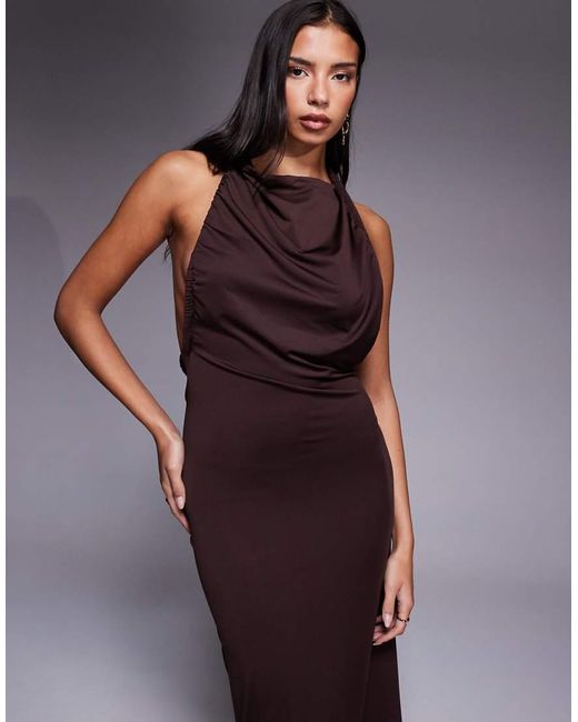 Aria Cove Purple Double Layered Slinky Asymmetric Halterneck Low Twist Back Dress Maxi Dress