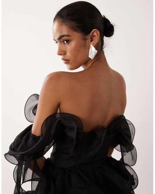 ASOS Black Textured Organza Wired Ruffle Off Shoulder Mini Dress