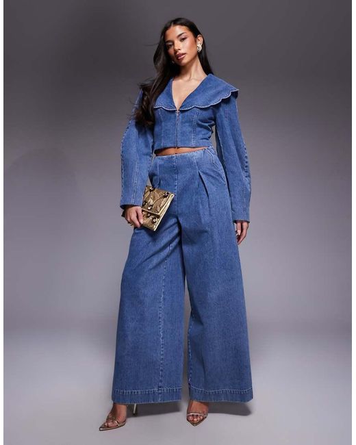 ASOS Blue Co-Ord Denim Cropped Blazer With Oversized Collar