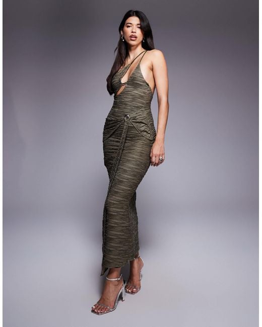 ASOS Blue Drape Waist Shimmer Plisse Maxi Dress