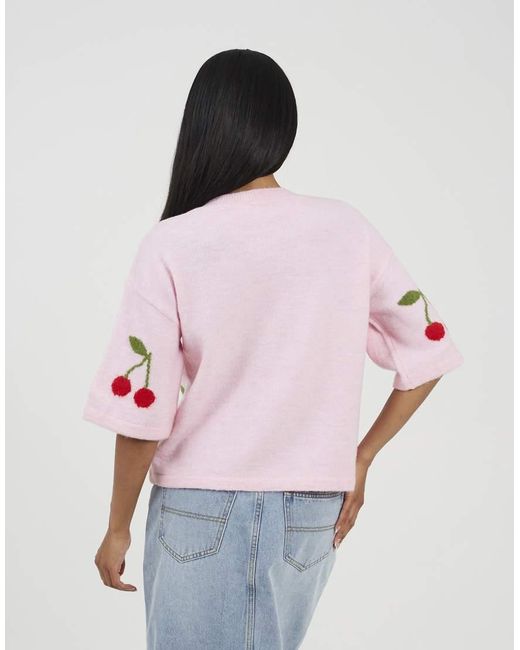 Brave Soul Pink Short Sleeve Cherry Jacquard Knit Jumper
