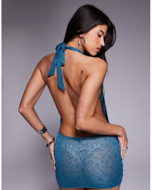 South Beach Blue Lace Halterneck Mini Beach Dress