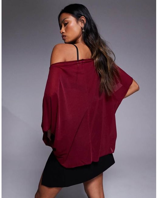 ASOS Red Mesh Sheer Slouchy Longline Off-shoulder Cape Top
