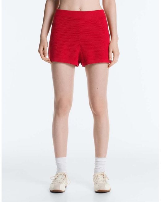 Oysho Red Cotton Open Knit Shorts
