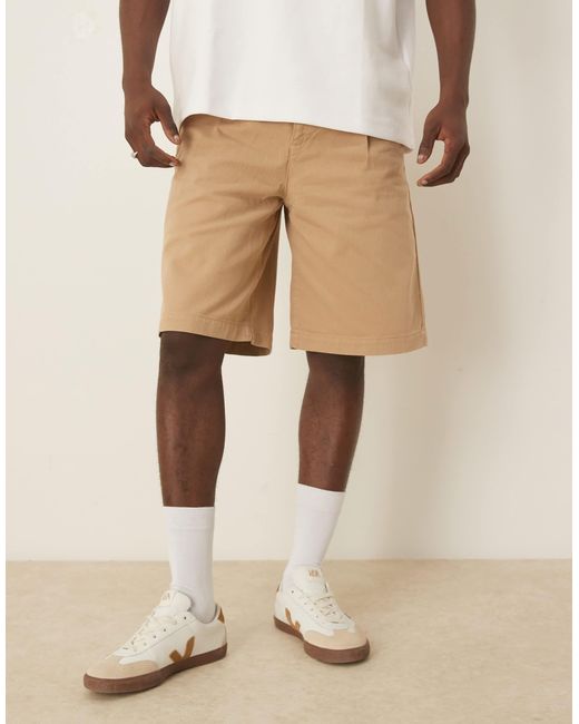 ASOS Natural Long Length Pleated Shorts With Double Darts for men