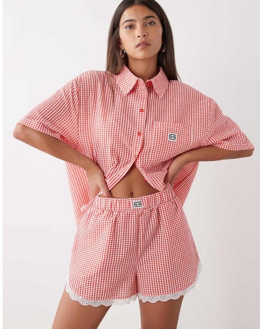 Noisy May Pink Seersucker Shorts Co-ord With Lace Trim