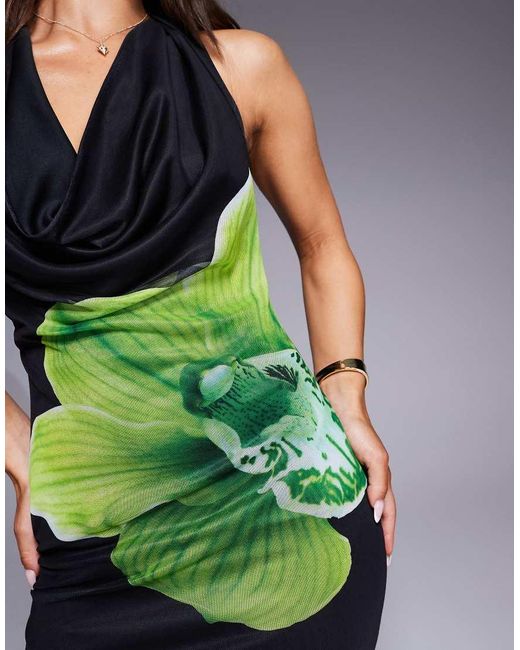 ASOS Multicolor Plunge Halter Maxi Dress With Lime Floral Placement Print
