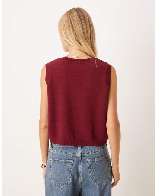ASOS Red Fine Knit Button Down Tank With Argyle Pattern