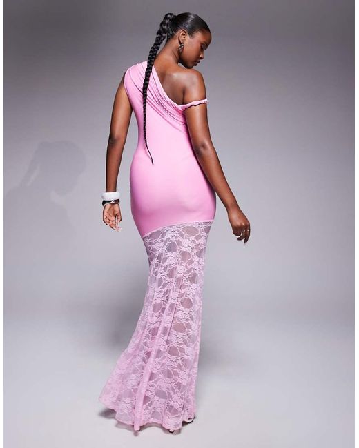 Kaiia Pink Exclusive Double Layered Slinky Twist Off Shoulder Asymmetric Sheer Lace Skirt Maxi Dress