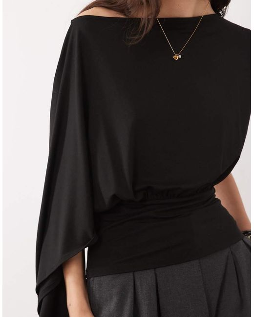 ASOS Black Slash Neck Cinch Waist Top With Cape One Sleeve Detail