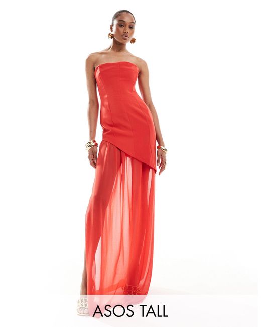 ASOS Red Tall Structu Bandeau Maxi Dress With Chiffon Thigh Split Skirt