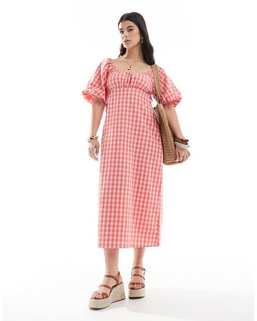 Brave Soul Pink Milkmaid Puff Sleeve Gingham Dress