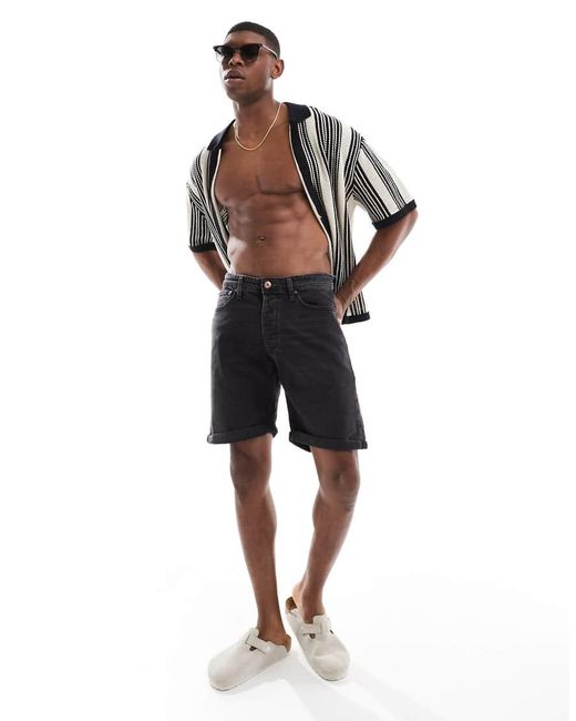 Jack & Jones Black Denim Short With Turn Up for men