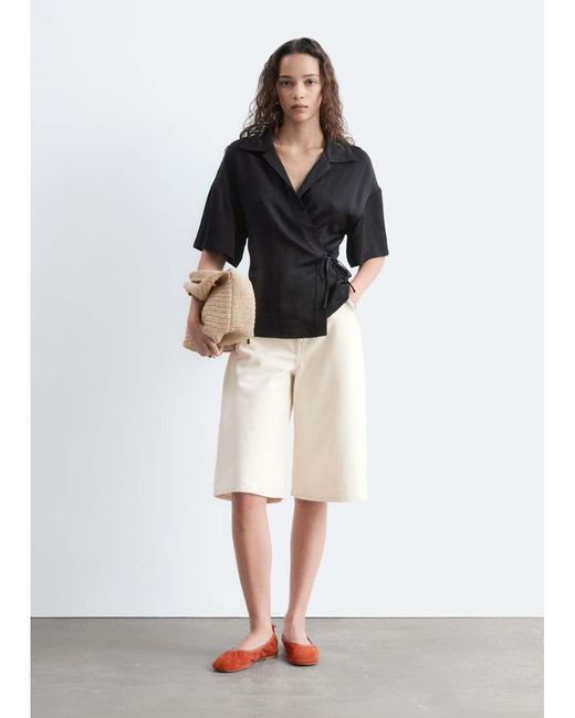 & Other Stories Blue Short Sleeve Wrap Linen Shirt With Tie Waist Detail