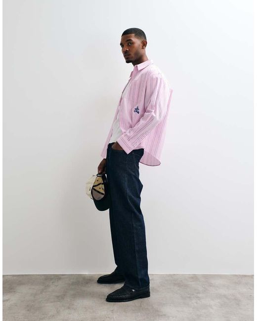 ASOS White Oversized Stripe Shirt With Placement Embroidery for men