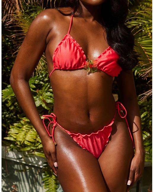 South Beach Green Triangle Bikini Top With Frill Hem And Flower Detail