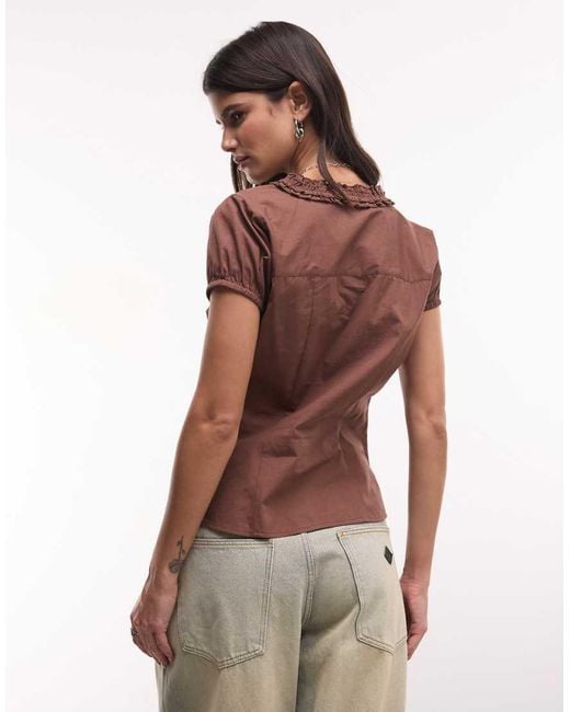 Collusion Brown Frill Detail Short Sleeve Blouse