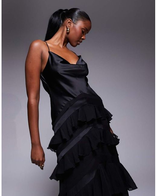 ASOS Blue Satin Chiffon Mix Ruffle Hem Maxi Dress