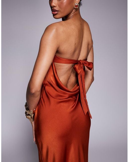 ASOS Red Asos Design Tall Satin Trapeze Bandeau Maxi Dress With Bow Back Detail
