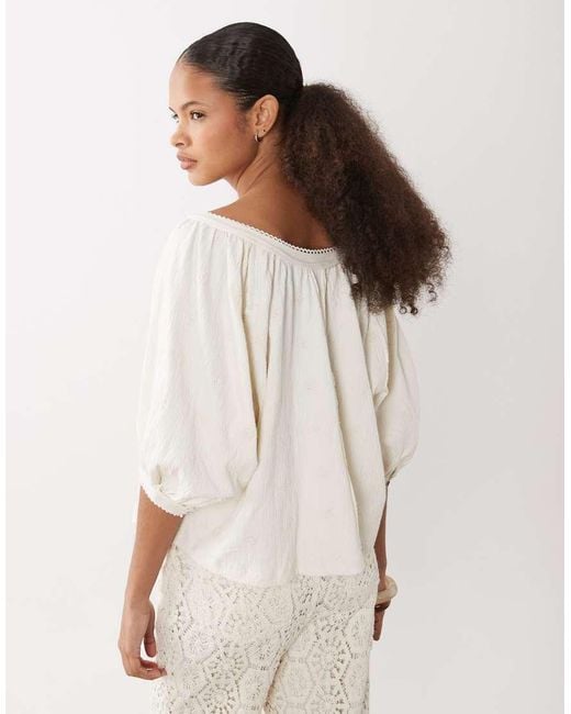 ASOS White Button Through Blouson Sleeve Broderie Top