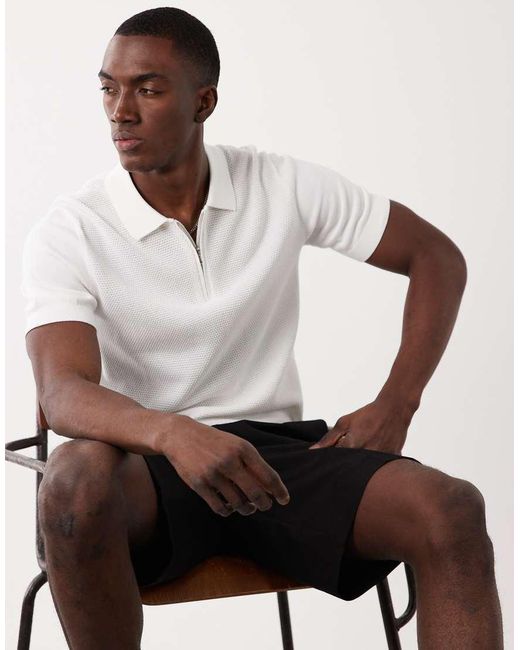 Mango White 100% Cotton Waffle Knit Quarter Zip T-shirt for men