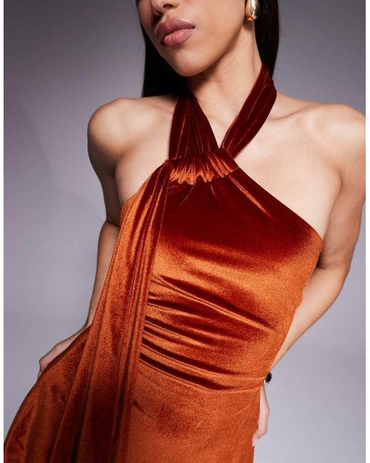 ASOS Orange Velvet Halterneck Skater Mini Dress
