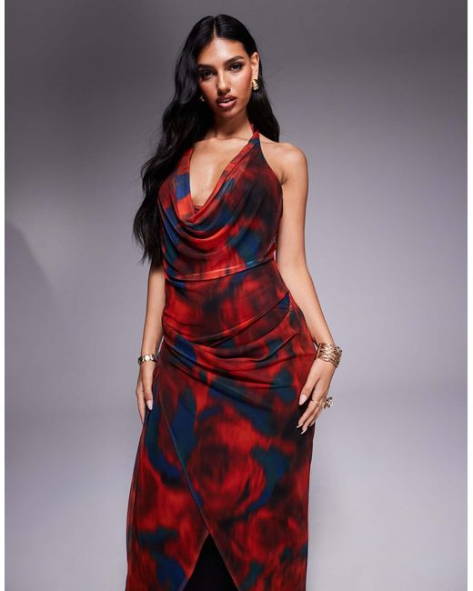 ASOS Red – neckholder-midikleid aus netzstoff mit abstraktem print